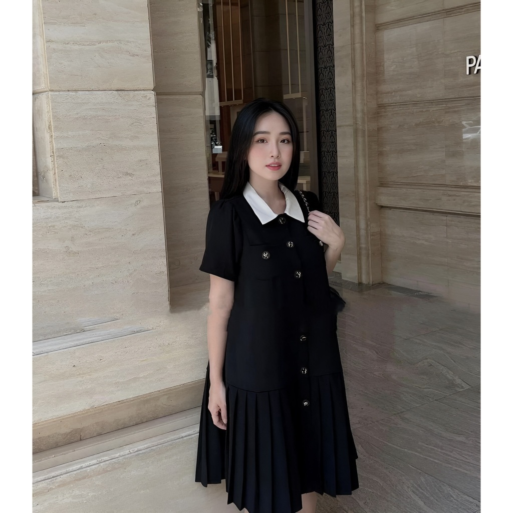 Đầm nữ công sở bigsize chubby bầu mặc được Váy dài đuôi xếp li cộc tay đen phối cổ trắng form rộng thanh lịch T1278G