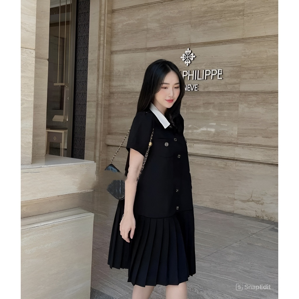 Đầm nữ công sở bigsize chubby bầu mặc được Váy dài đuôi xếp li cộc tay đen phối cổ trắng form rộng thanh lịch T1278G