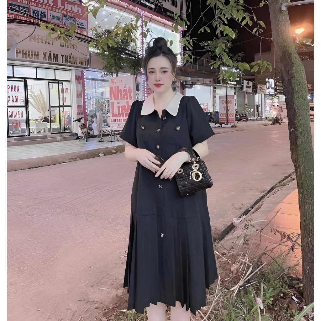 Đầm nữ công sở bigsize chubby bầu mặc được Váy dài đuôi xếp li cộc tay đen phối cổ trắng form rộng thanh lịch T1278G