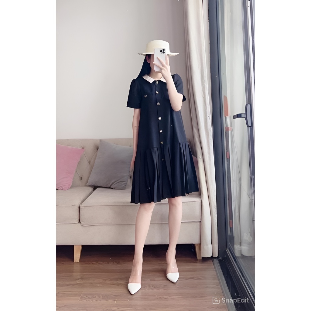 Đầm nữ công sở bigsize chubby bầu mặc được Váy dài đuôi xếp li cộc tay đen phối cổ trắng form rộng thanh lịch T1278G