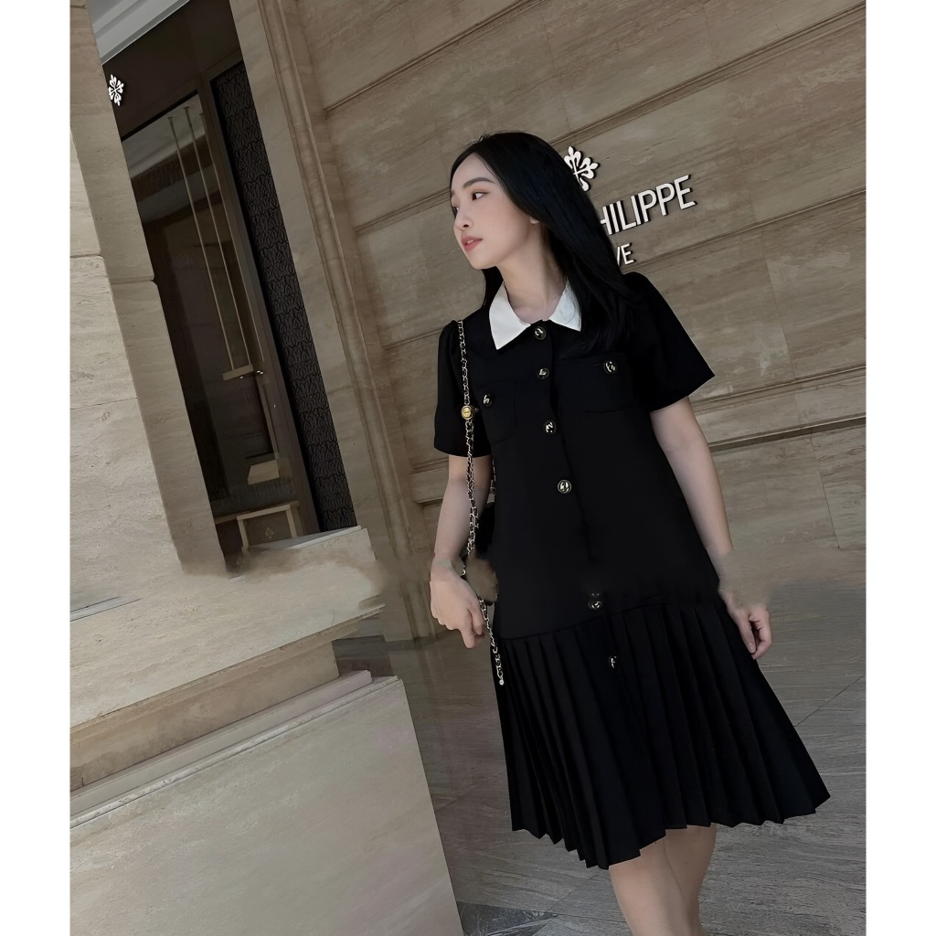 Đầm nữ công sở bigsize chubby bầu mặc được Váy dài đuôi xếp li cộc tay đen phối cổ trắng form rộng thanh lịch T1278G