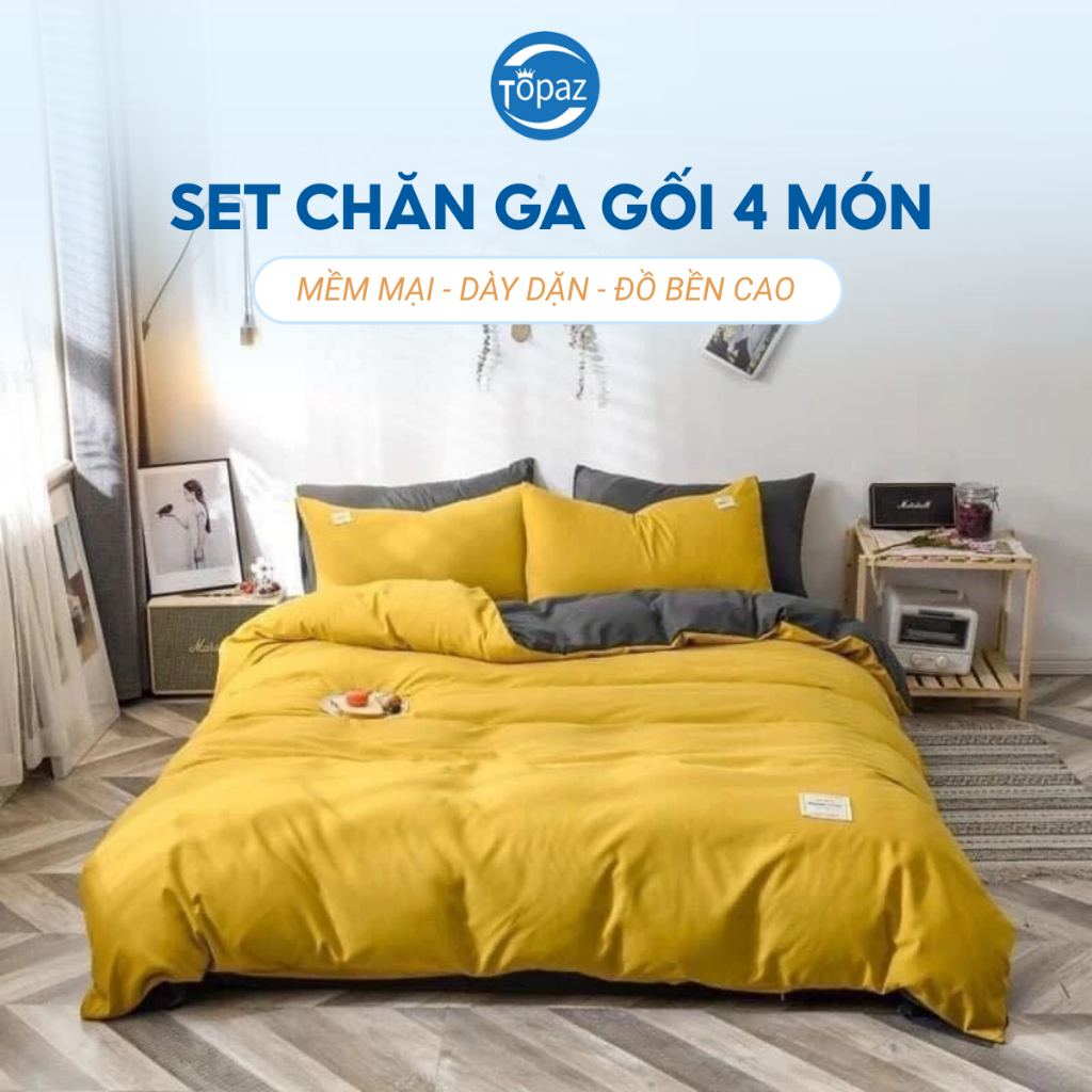 Set Chăn ga gối 4 món tici màu trơn cao cấp chính hãng TOPAZ nhập khẩu trang trí phòng ngủ phong cách vintage sang trọng