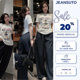 Set đồ nữ,đồ bộ nữ áo phông trắng cổ tròn cộc tay in hình chữ vịt phối quần dài suông kẻ sọc trắng Jeansuto HCOM25287
