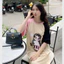 Đầm nữ dễ thương Váy suông thun cotton dài form rộng không cổ raglan be phối hồng đen họa tiết chibi bé gái WOODY T1285G