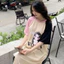 Đầm nữ dễ thương Váy suông thun cotton dài form rộng không cổ raglan be phối hồng đen họa tiết chibi bé gái WOODY T1285G