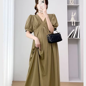 Đầm nữ công sở thanh lịch cộc tay vintage bầu Váy dài xòe tay bồng cổ V tôn ngực dáng rộng che bụng tốt đen nâu T1289G
