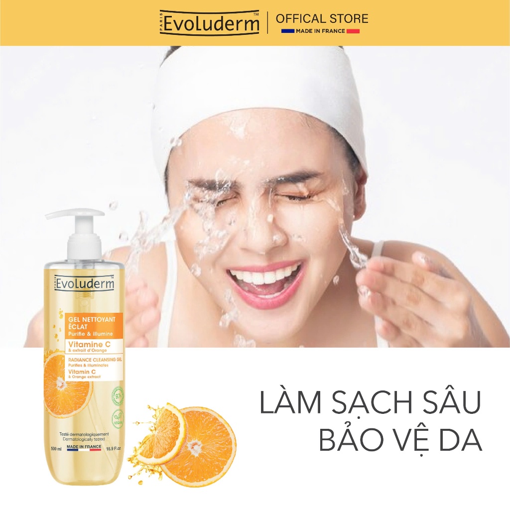 Sữa Rửa Mặt Vitamin C Evoluderm thiên nhiên thuần chay, làm sạch sâu dưỡng da trắng sáng 500ml (QT)