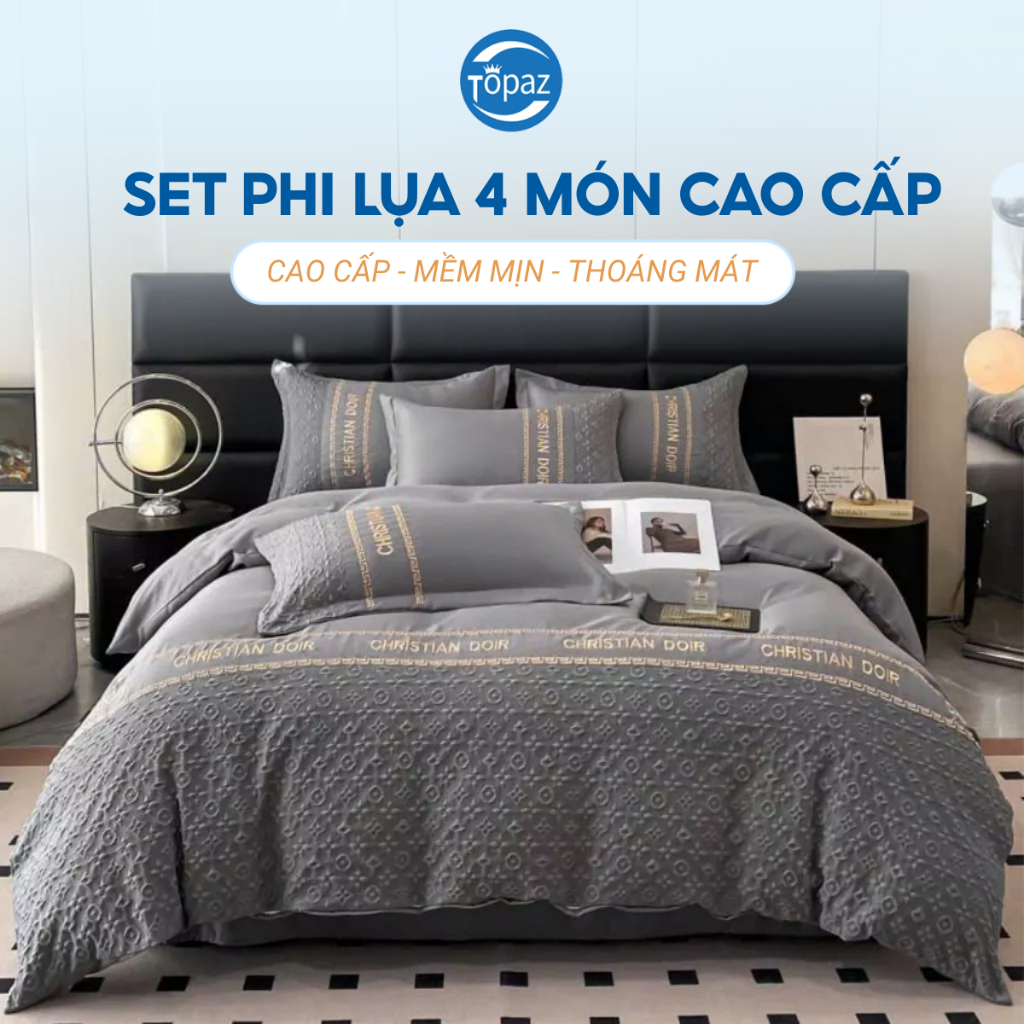 Bộ Vỏ Chăn Ga Trải Giường Kèm 2 Vỏ Gối Nằm TOPAZ Nhập Khẩu, Chất Liệu Phi Lụa Cao Cấp Mềm Mịn Dập Họa Tiết Sang Trọng