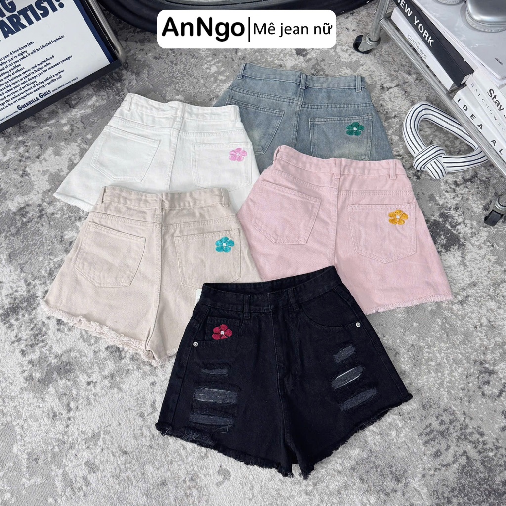 Quần short jean nữ lưng cao, rách thêu hoa dễ thương, chất denim không co giãn  Anngo - AT545