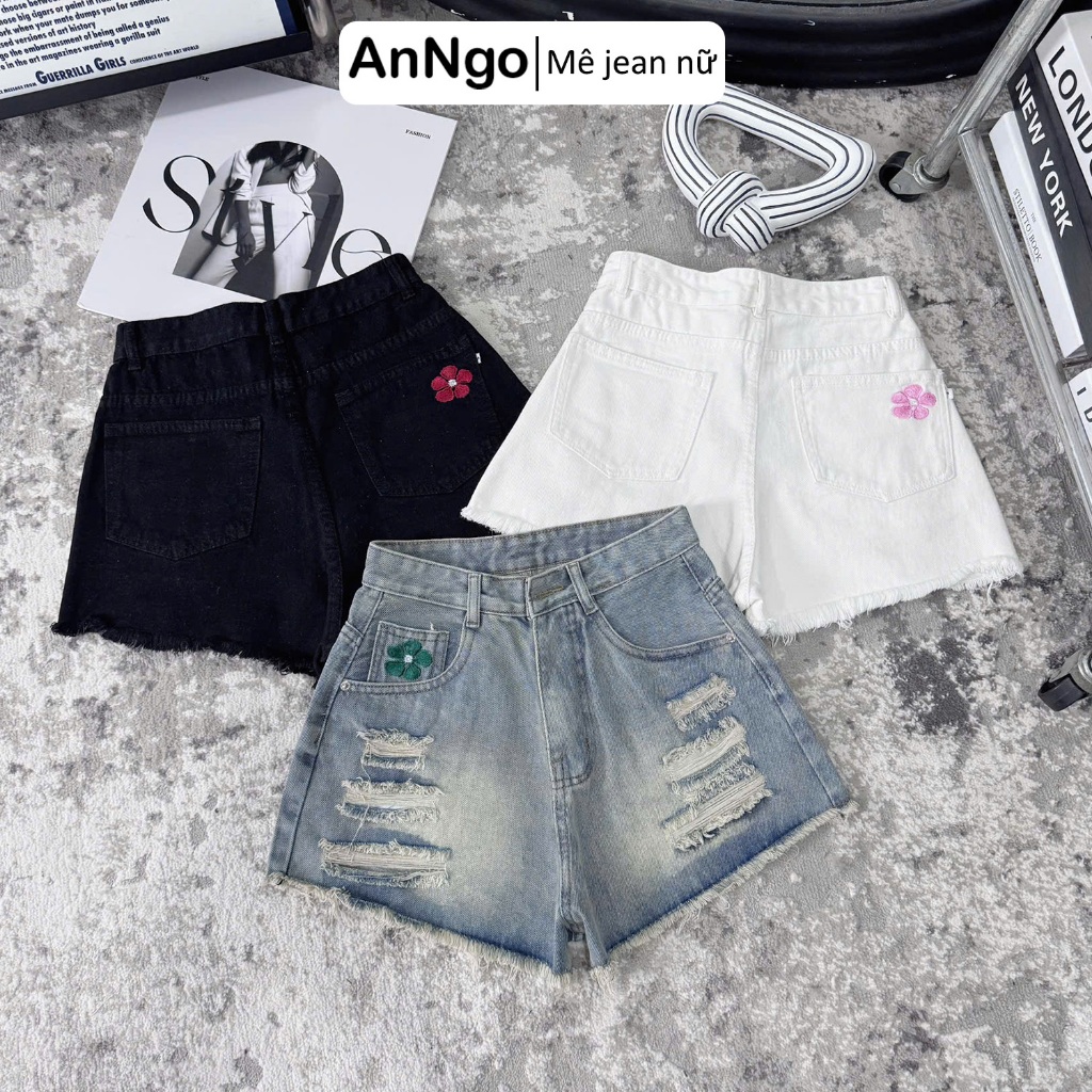 Quần short jean nữ lưng cao, rách thêu hoa dễ thương, chất denim không co giãn  Anngo - AT545