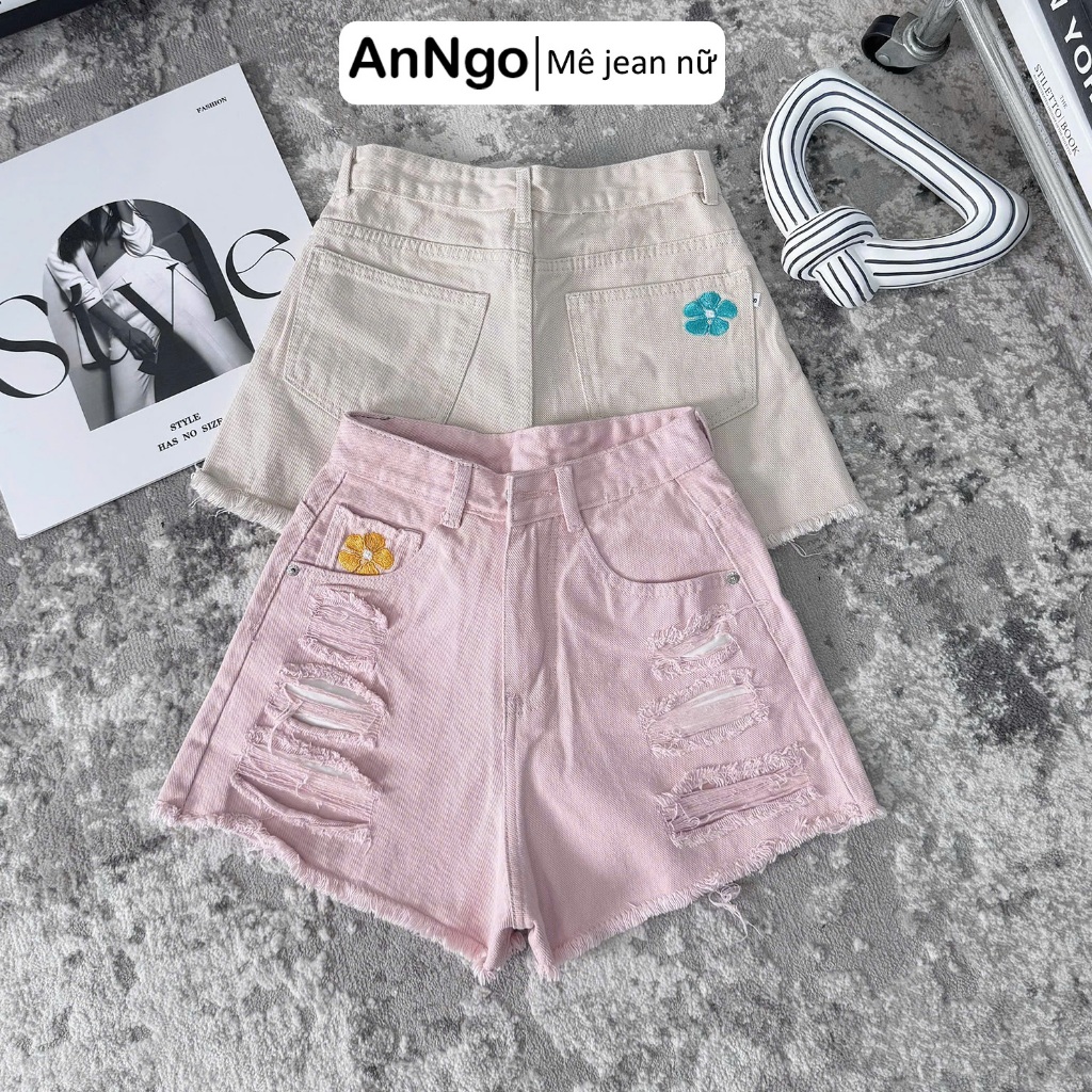 Quần short jean nữ lưng cao, rách thêu hoa dễ thương, chất denim không co giãn  Anngo - AT545