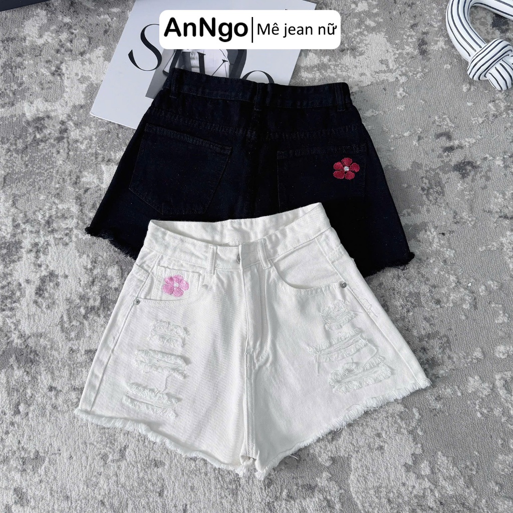 Quần short jean nữ lưng cao, rách thêu hoa dễ thương, chất denim không co giãn  Anngo - AT545