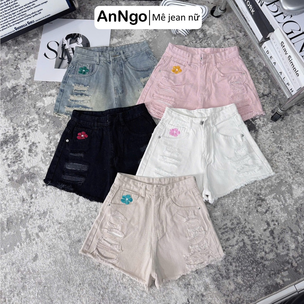 Quần short jean nữ lưng cao, rách thêu hoa dễ thương, chất denim không co giãn  Anngo - AT545