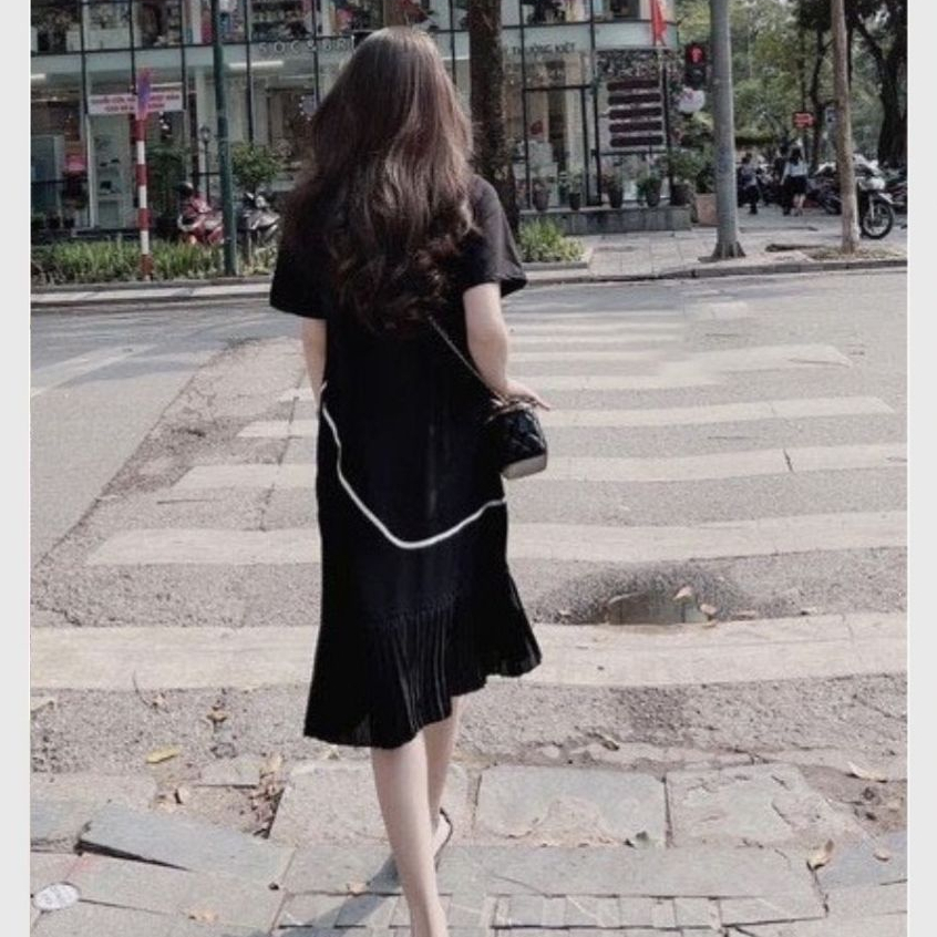 Đầm nữ thun cotton bigsize bầu xinh Váy suông đuôi cá dáng dài dập li form rộng cộc tay không cổ đen vạch trắng T1295G