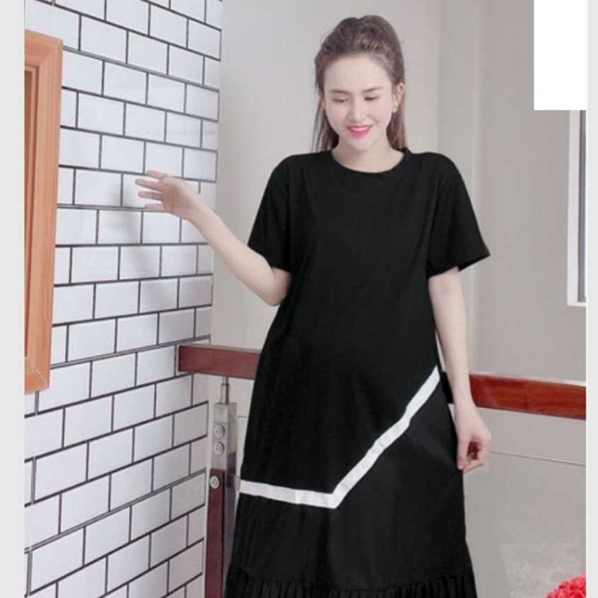Đầm nữ thun cotton bigsize bầu xinh Váy suông đuôi cá dáng dài dập li form rộng cộc tay không cổ đen vạch trắng T1295G