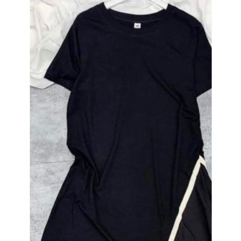 Đầm nữ thun cotton bigsize bầu xinh Váy suông đuôi cá dáng dài dập li form rộng cộc tay không cổ đen vạch trắng T1295G