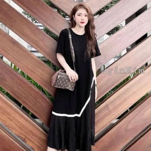 Đầm nữ thun cotton bigsize bầu xinh Váy suông đuôi cá dáng dài dập li form rộng cộc tay không cổ đen vạch trắng T1295G