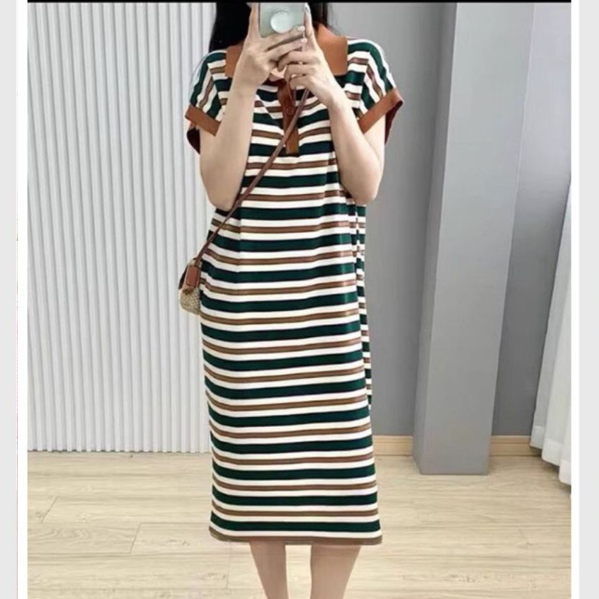 Đầm nữ maxi basic bigsize đi chơi đi làm bầu xinh Váy polo dài suông kẻ ngang phối cổ nâu cộc tay xẻ tà form rộng T1298G