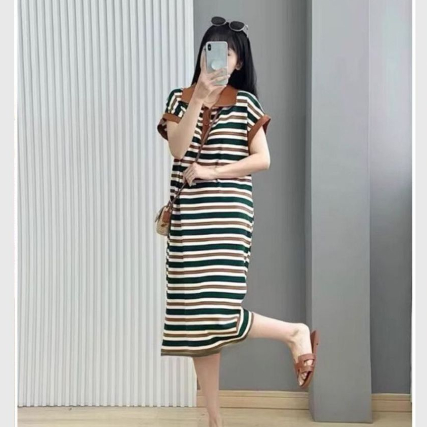 Đầm nữ maxi basic bigsize đi chơi đi làm bầu xinh Váy polo dài suông kẻ ngang phối cổ nâu cộc tay xẻ tà form rộng T1298G