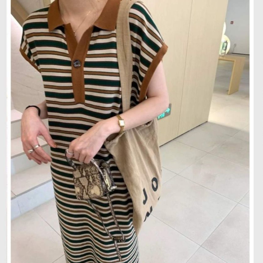 Đầm nữ maxi basic bigsize đi chơi đi làm bầu xinh Váy polo dài suông kẻ ngang phối cổ nâu cộc tay xẻ tà form rộng T1298G
