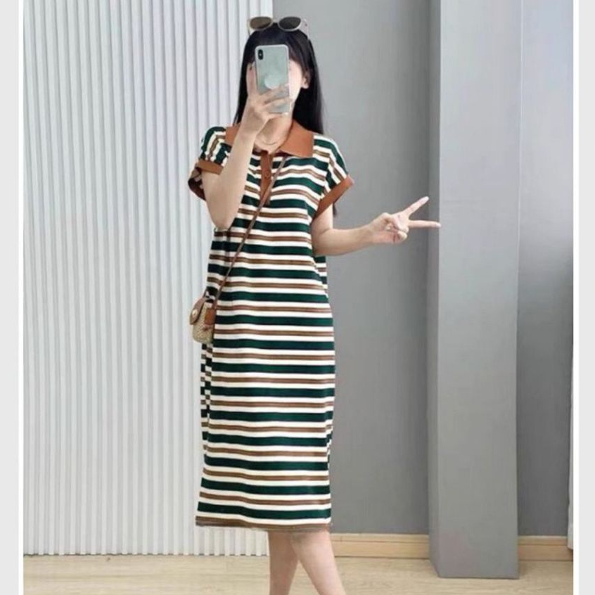 Đầm nữ maxi basic bigsize đi chơi đi làm bầu xinh Váy polo dài suông kẻ ngang phối cổ nâu cộc tay xẻ tà form rộng T1298G