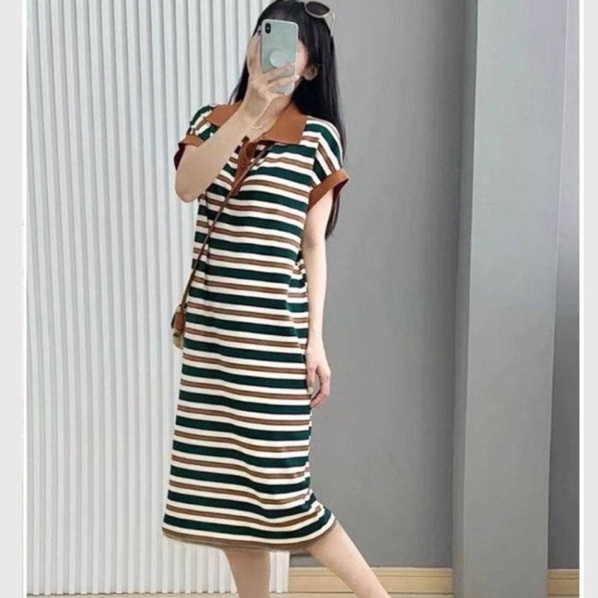 Đầm nữ maxi basic bigsize đi chơi đi làm bầu xinh Váy polo dài suông kẻ ngang phối cổ nâu cộc tay xẻ tà form rộng T1298G