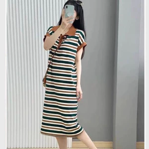 Đầm nữ maxi basic bigsize đi chơi đi làm bầu xinh Váy polo dài suông kẻ ngang phối cổ nâu cộc tay xẻ tà form rộng T1298G