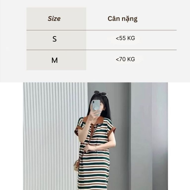 Đầm nữ maxi basic bigsize đi chơi đi làm bầu xinh Váy polo dài suông kẻ ngang phối cổ nâu cộc tay xẻ tà form rộng T1298G