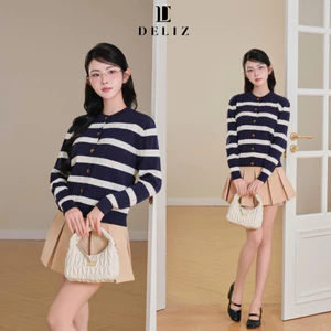DELIZ - Áo cardigan len dài tay cổ tròn kẻ nngang chất len lông thỏ vặn thừng cao cấp CD849