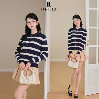 [MỞ BÁN] DELIZ - Áo cardigan len dài tay cổ tròn kẻ nngang chất len lông thỏ vặn thừng cao cấp CD849