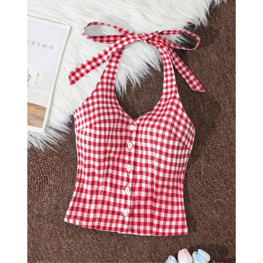Áo Yếm Karo Cột Dây Croptop Nữ Tính Trẻ Trung – Áo Yếm Nữ Dạo Phố, Đi Chơi, Hẹn Hò, Du Lịch Cao Cấp