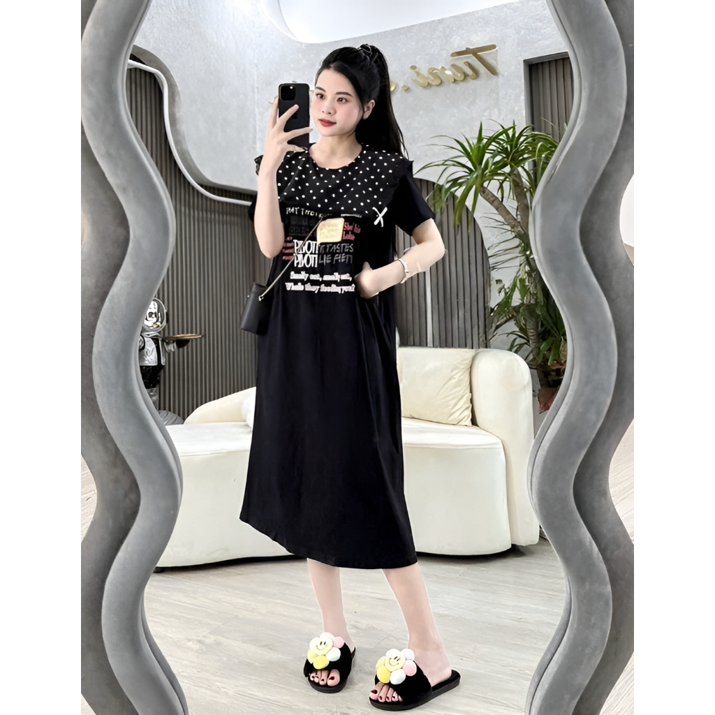 Đầm nữ chubby bigsize bầu mặc được trẻ Váy suông dáng dài cổ to chấm bi đính nơ form rộng cộc tay chất cotton T1305G