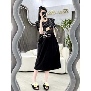 Đầm nữ chubby bigsize bầu mặc được trẻ Váy suông dáng dài cổ to chấm bi đính nơ form rộng cộc tay chất cotton T1305G