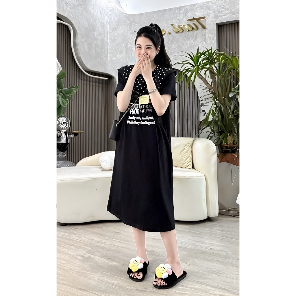 Đầm nữ chubby bigsize bầu mặc được trẻ Váy suông dáng dài cổ to chấm bi đính nơ form rộng cộc tay chất cotton T1305G