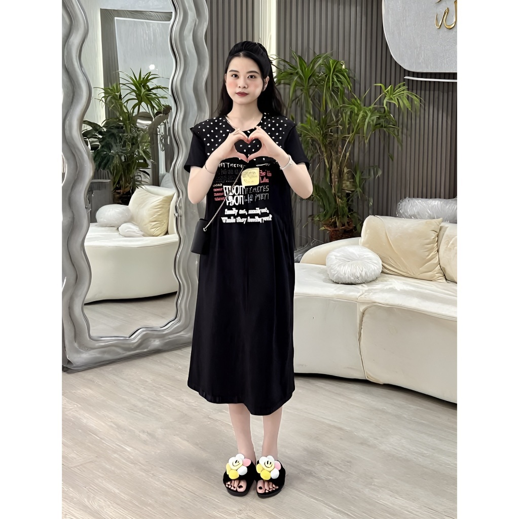 Đầm nữ chubby bigsize bầu mặc được trẻ Váy suông dáng dài cổ to chấm bi đính nơ form rộng cộc tay chất cotton T1305G