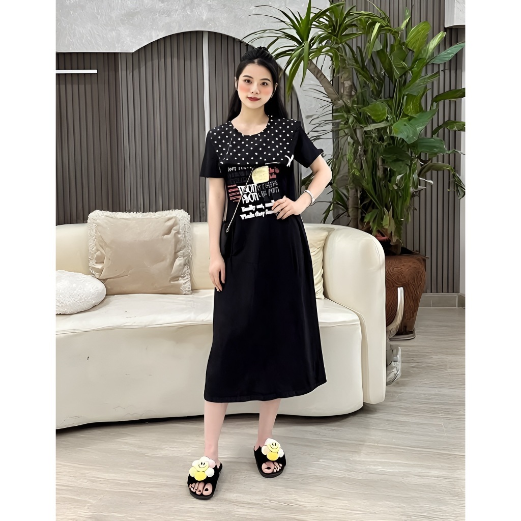 Đầm nữ chubby bigsize bầu mặc được trẻ Váy suông dáng dài cổ to chấm bi đính nơ form rộng cộc tay chất cotton T1305G