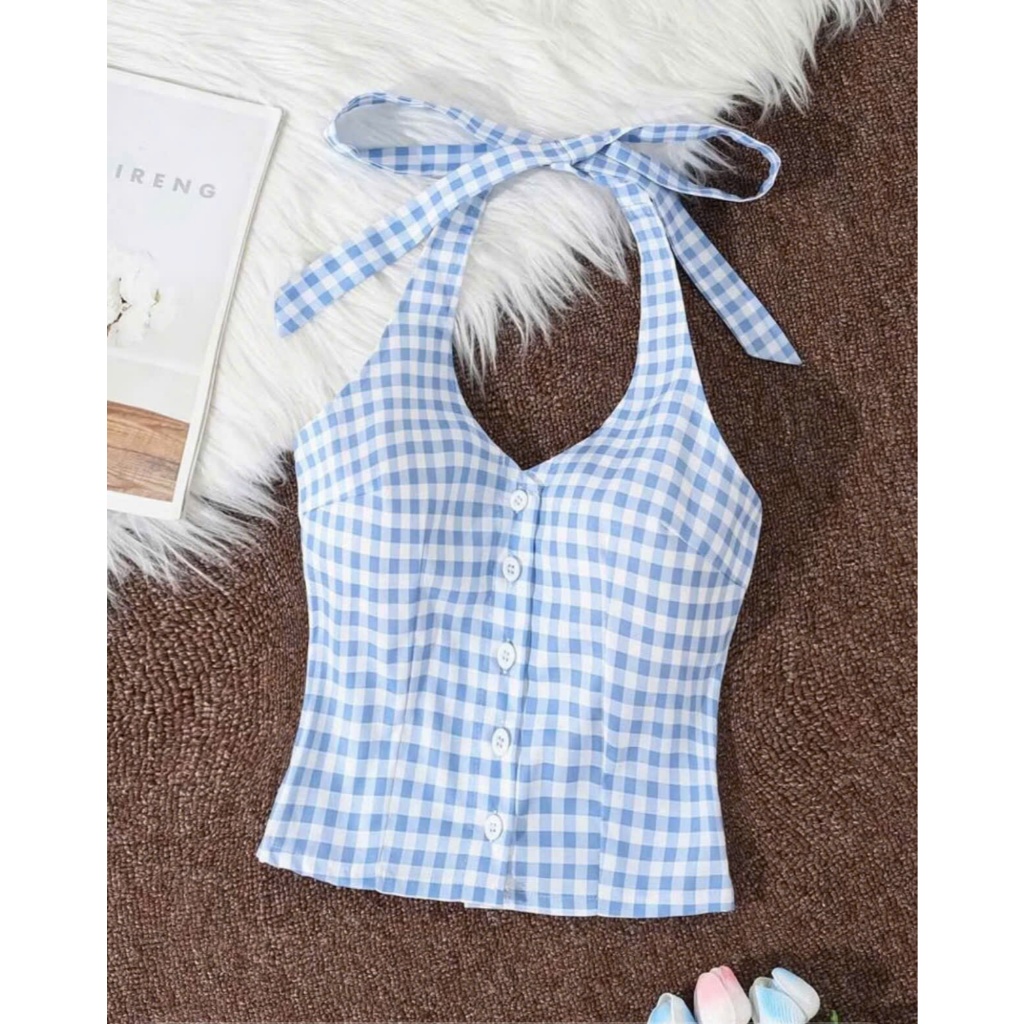 Áo Yếm Karo Cột Dây Croptop Nữ Tính Trẻ Trung – Áo Yếm Nữ Dạo Phố, Đi Chơi, Hẹn Hò, Du Lịch Cao Cấp