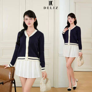 DELIZ - Cardigan cổ tim dài tay xanh than cho nữ, áo len lông thỏ phối viền cao cấp CD842