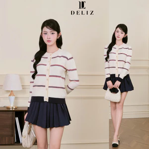 DELIZ - Áo khoác cardigan dài tay cổ tròn len lông thỏ mềm đóng cúc kẻ ngang phối màu cho nữ CD844
