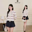 DELIZ - Áo khoác cardigan dài tay cổ tròn len lông thỏ mềm đóng cúc kẻ ngang phối màu cho nữ CD844