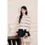 DELIZ - Áo khoác cardigan dài tay cổ tròn len lông thỏ mềm đóng cúc kẻ ngang phối màu cho nữ CD844