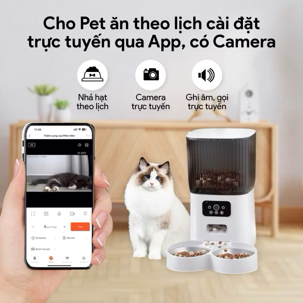 Máy cho chó mèo ăn tự động thông minh camera 3L-5L-Hẹn giờ và định lượng-Bộ điều khiển từ xa WiFi app quq điện thoại
