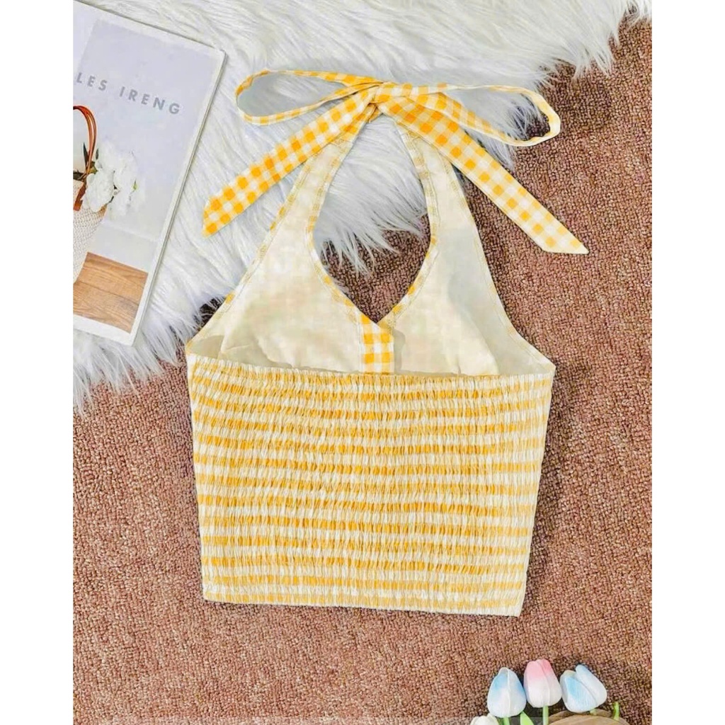 Áo Yếm Karo Cột Dây Croptop Nữ Tính Trẻ Trung – Áo Yếm Nữ Dạo Phố, Đi Chơi, Hẹn Hò, Du Lịch Cao Cấp