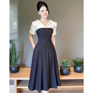 VT24328 - Đầm Nữ Dáng Xòe Kẻ Sọc, Cổ Áo Trắng Bản To, Tay Ngắn, Ôm Eo Tôn Dáng Thời Trang Thanh Lịch