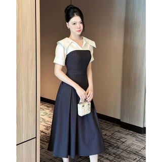 VT24328 - Đầm Nữ Dáng Xòe Kẻ Sọc, Cổ Áo Trắng Bản To, Tay Ngắn, Ôm Eo Tôn Dáng Thời Trang Thanh Lịch