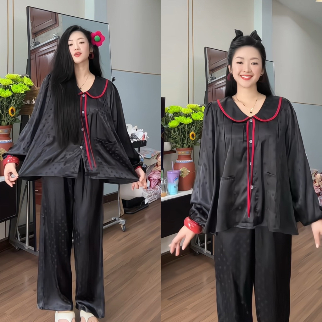 Bộ big sz pijama cổ SEN DÀI tay bo phồng tiểu thư  quần suông có túi Nữ, phom áo babydoll cổ sen gọn, 2 túi áo