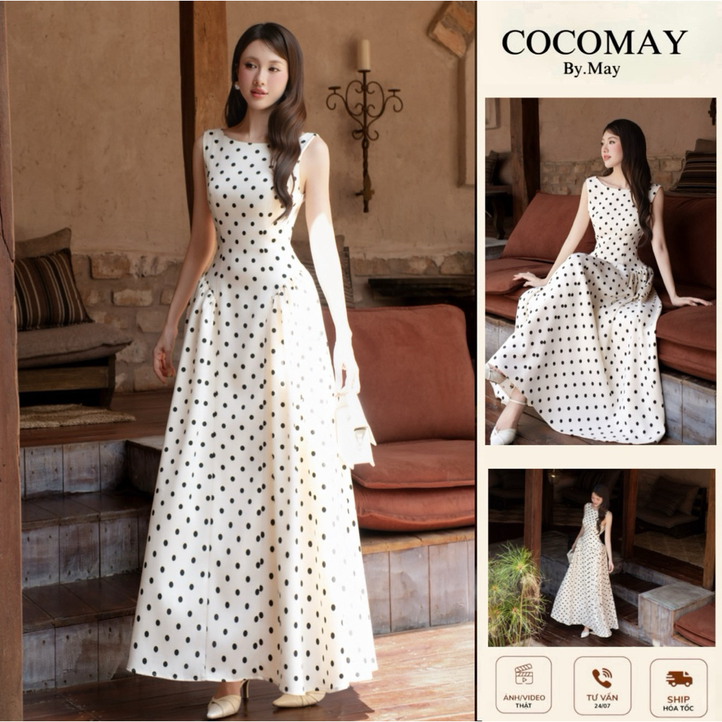 COCOMAY Đầm Maxi Chấm bi vintage tiểu thư phong cách Parisan thanh lịch ...