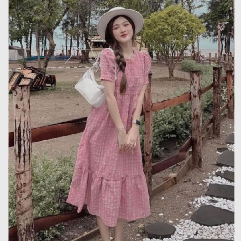 Đầm nữ không cổ bigsize bầu xinh không cổ thanh lịch Váy maxi đuôi cá kẻ hồng vintage cộc tay form rộng suông T1330G