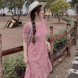 Đầm nữ không cổ bigsize bầu xinh không cổ thanh lịch Váy maxi đuôi cá kẻ hồng vintage cộc tay form rộng suông T1330G