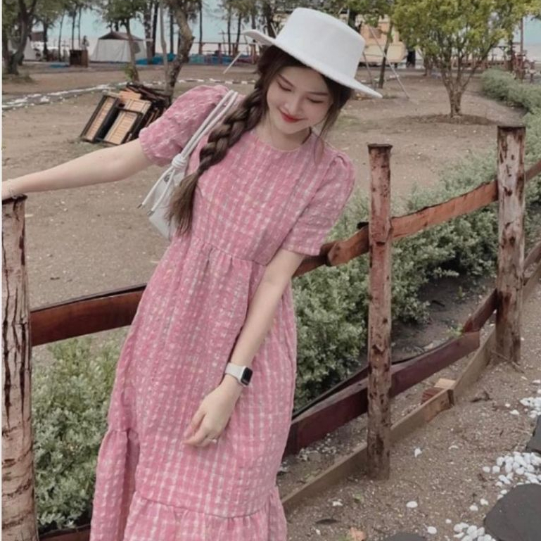 Đầm nữ không cổ bigsize bầu xinh không cổ thanh lịch Váy maxi đuôi cá kẻ hồng vintage cộc tay form rộng suông T1330G